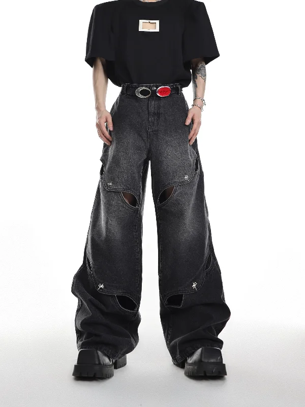 Washed Metal Buttoned Hollow Jeans