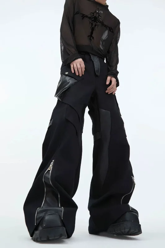 Side Zipper Spliced PU Leather Pants