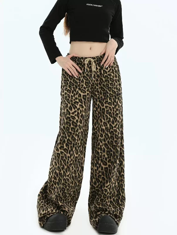 Drawstring Leopard Bootcut Pants