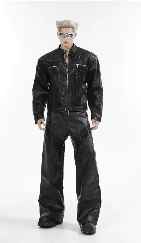 Reconstructed Pleated Spliced PU Leather Jacket & Pants Set