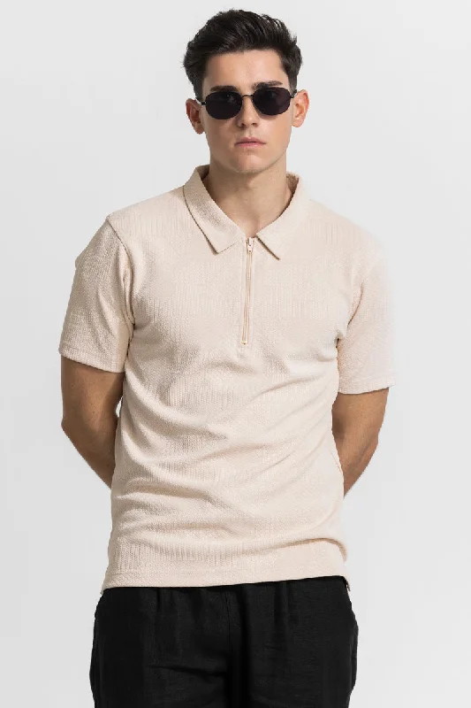 Cream Zipper Textured Polo T-Shirt