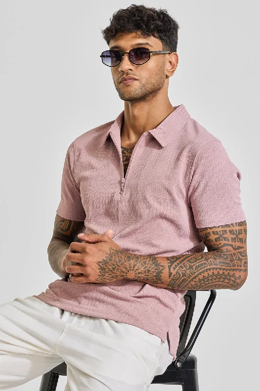 Light Pink Zipper Textured Polo T-Shirt