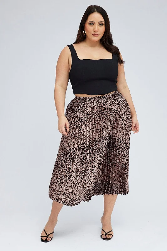 Brown Animal Print Pleated Skirt Leopard