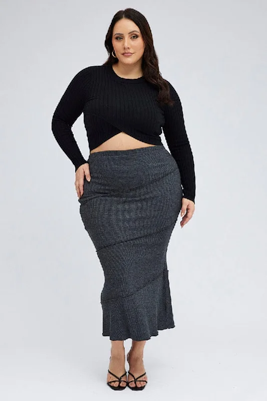 Grey Maxi Skirt Asymmetrical Rib