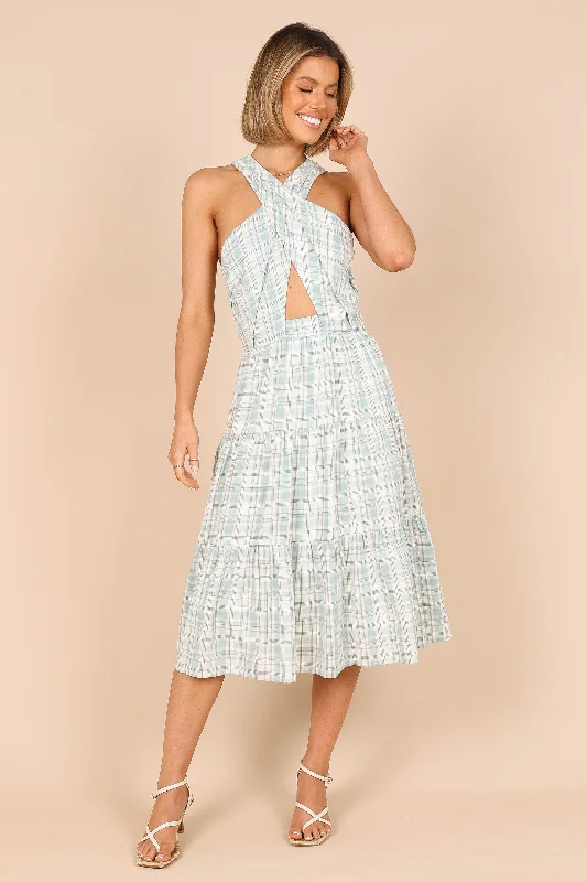 Georgian Halter Neck Midi Dress - Blue Check