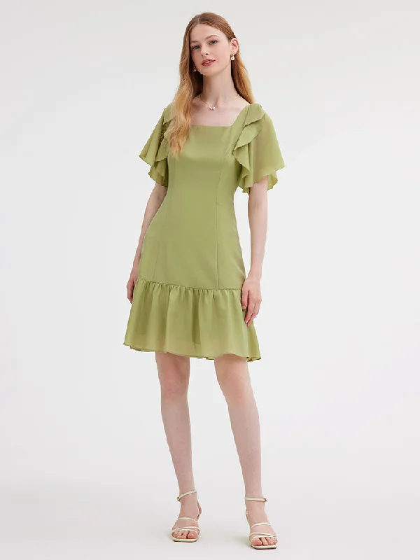 Green Acetate Ruffle Sleeve Mini Dress