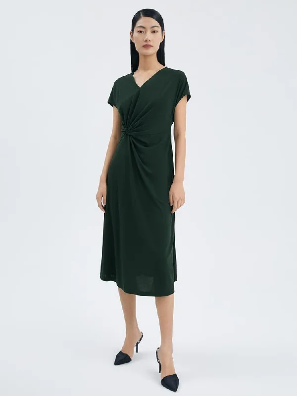 Triacetate Asymmetrical Pleated Gathered Waist Midi Dress