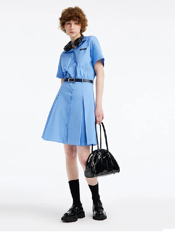 Blue Waist-skimming Cotton Mini Dress