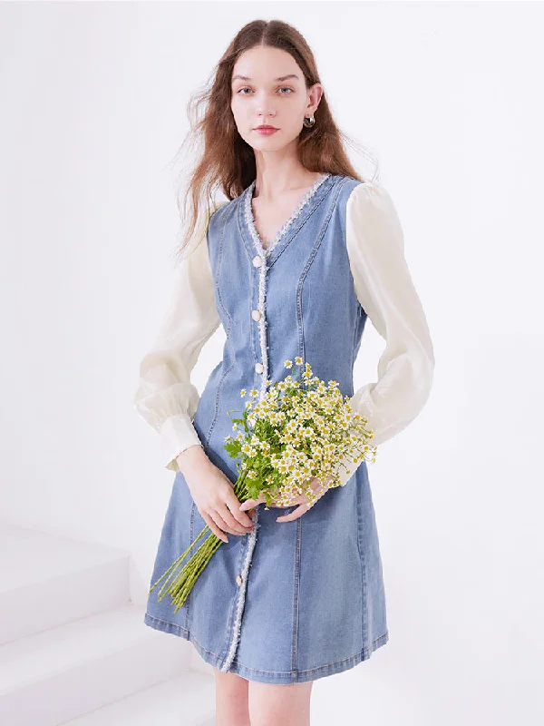 Double-Breasted Long Sleeve Denim Mini Dress