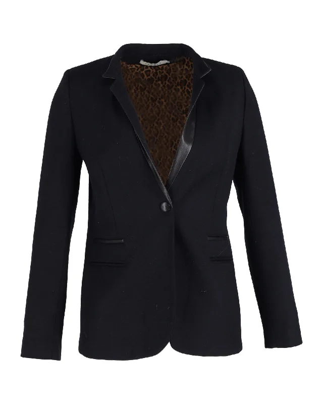 Sandro Suit Jacket with Leather Collar in Black Wool